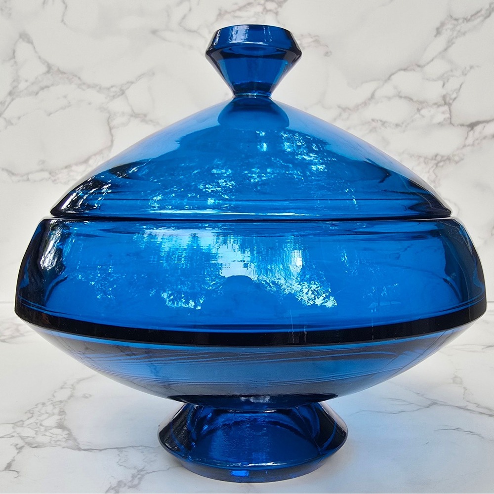 MCM Viking Epic Flying Saucer Bluenique Blue Covered Candy Dish #6706 Heavy RARE